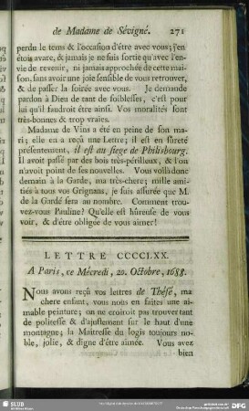 Lettre CCCCLXX. A Paris, ce Mécredi, 20. Octobre, 1688