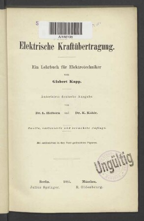 Elektrische Kraftübertragung : ein Lehrbuch für Elektrotechniker