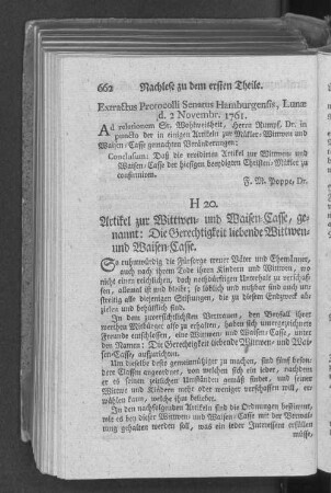 H 20. Artikel zur Wittwen= und Waisen=Casse, genannt: Die Gerechtigkeit liebende Wittwen= und Waisen=Casse.