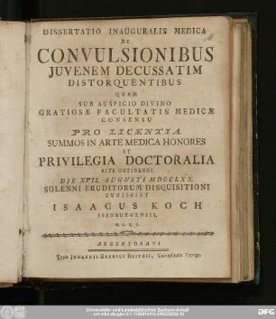 Dissertatio Inauguralis Medica De Convulsionibus Juvenem Decussatim Distorquentibus