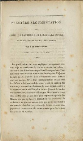 Première Argumentation Ou Considérations Sur Les Mollusques