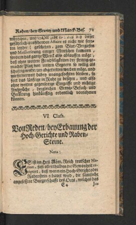 VI. Class. Von Reden/ bey Erbauung der Hoch- Gerichte und Raben- Steine.