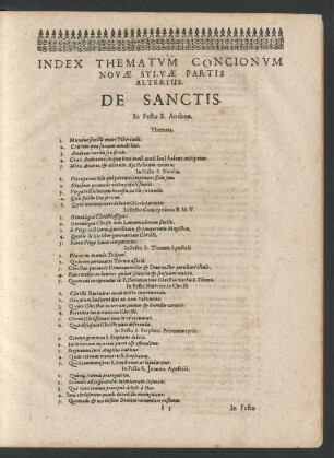 Index Thematum Concionum Novae Sylvae Partis Alterius. De Sanctis.
