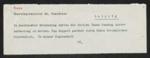 Brief von Gerhart Hauptmann an Carl Friedrich Goerdeler