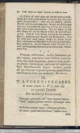 IX. T. Lucretius Carus. de rerum natura L. V. v. 201. sqq. ex recens. Creech. De miseria hominum