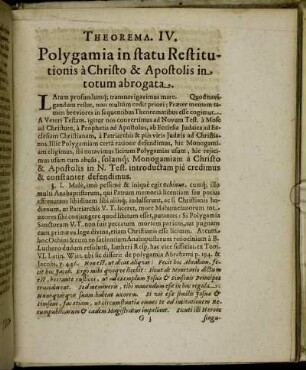 Theorema. IV. Polygamia in statu Restitutionis a Christo & Apostolis in totum abrogata.