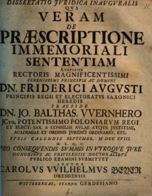 Diss. iur. inaug. qua veram de praescriptione immemoriali sententiam ... publ. sententiae submittit