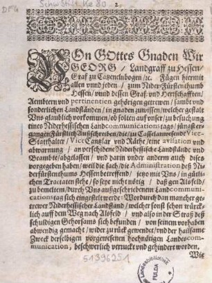 Von Gottes Gnaden wir Georg, Landgraff zu Hessen, ... [Außschreiben vom 29. Oktober 1637]