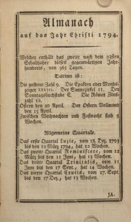 Almanach auf das Jahr Christi 1794.