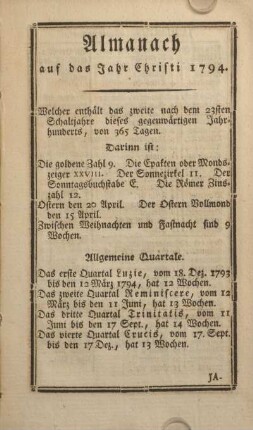 Almanach auf das Jahr Christi 1794.