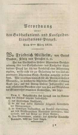 Verordnung über den Subhastations- und Kaufgelder-Liquidations-Prozeß. Vom 4ten März 1834