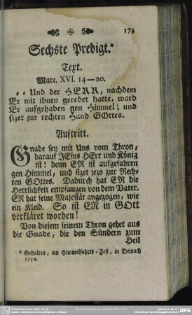 Sechste Predigt. Text. Marc. XVI. 14-20