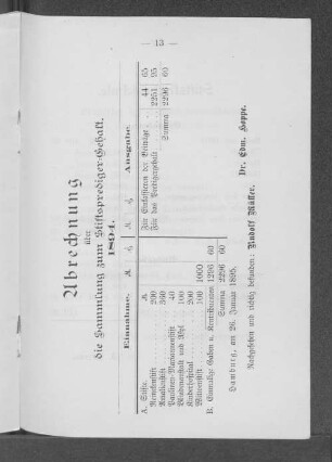 Abrechnung über die Sammlung zum Stiftsprediger=Gehalt. 1894.