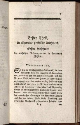 Erster Theil, die allgemeine praktische Arithmetik. Erster Abschnitt die einfachen Rechnungsarten in benannten Zahlen.