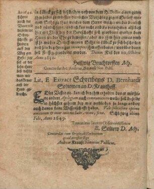 Lit. E Extract Schreibens D. Bernhardi Soltowen an D. Krauthoff.