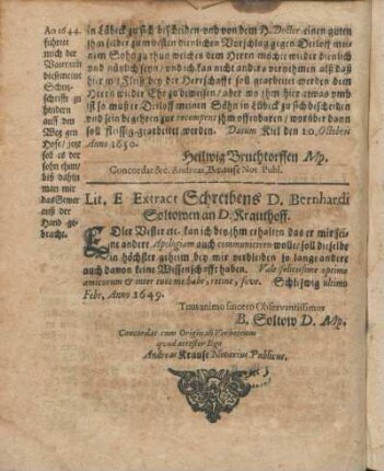 Lit. E Extract Schreibens D. Bernhardi Soltowen an D. Krauthoff.
