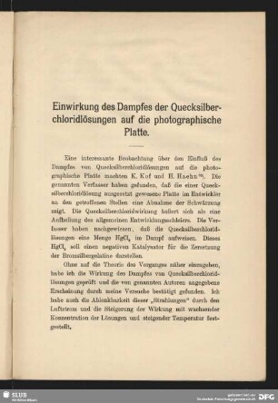 Einwirkung des Dampfes der Quecksilberchloridlösungen auf die photographische Platte