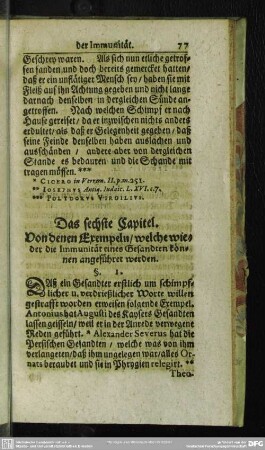 Das sechste Capitel. Von denen Exempeln, welche wieder die Immunität eines Gesandten können angeführet werden