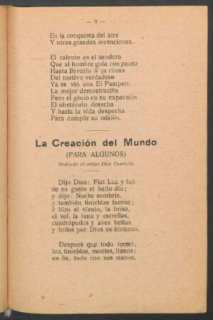 La creación del mundo : (Para algunos). Dedicado al amigo Juan Cambelta