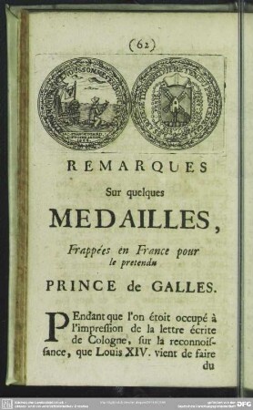 Remarques Sur quelques Medailles, Frappées en France pour le pretendu Prince de Galles