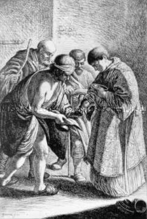 Klosterbruder und drei Pilger