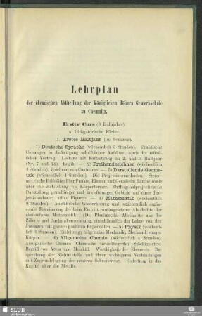 Lehrplan der chemischen Abtheilung der Königlichen Höhern Gewerbschule zu Chemnitz
