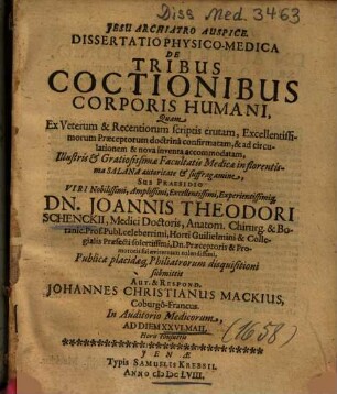 Dissertatio Physico-Medica De Tribus Coctionibus Corporis Humani