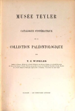 Catalogue systématique de la collection paléontologique, Musée Teyler, 1