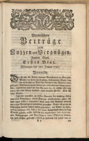Erstes Blat, ... den 7ten Jenner 1747