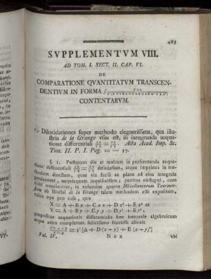 Supplementum VIII. Ad Tom. I. Sect. II. Cap. VI. De comperatione quantitatum transcendentium in forma ... contentarum.