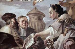 Die Personifikation des Reichtums überreicht zwei Gelehrten ein Buch: "Doctrinam magis quam aurum eligite" (Sprüche 8:10)