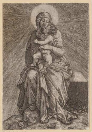 Jungfrau mit Kind, auf einem Stein sitzend