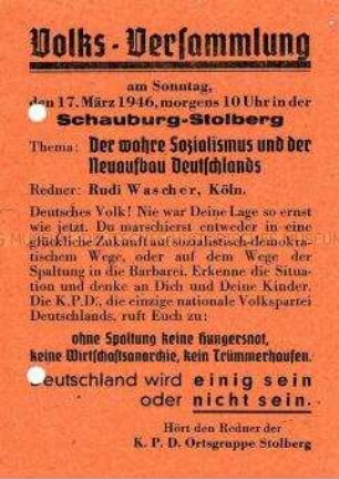 Einladung der KPD Stolberg zu einer Volksversammlung gegen die Spaltung Deutschlands und für Sozialismus