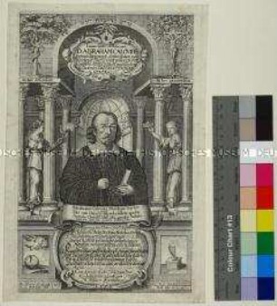 Porträt des lutherischen Theologen Abraham Calovius vor einer Architekturkulisse