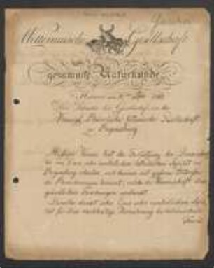 Brief von Karl Ludwig Gaertner an Regensburgische Botanische Gesellschaft