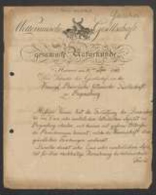 Brief von Karl Ludwig Gaertner an Regensburgische Botanische Gesellschaft