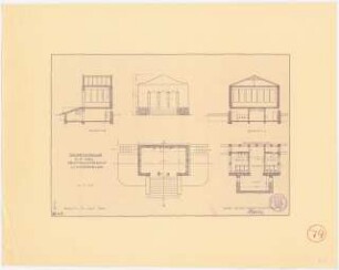 Erweiterung des Parkfriedhofes Berlin-Lichterfelde: Urnenhalle auf dem Friedhof in Längsschnitt, Vorderansicht, Querschnitt, Erdgeschoss-Grundriss und Keller-Grundriss 1:100, Stempel