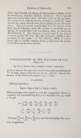 Demonstration of the equation of continuity.