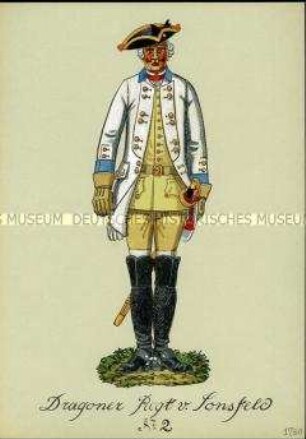 Uniformdarstellung, Gemeiner des Dragoner-Regiments (von Sonsfeld) D II, Preußen, 1740.