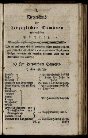 I. Verzeichnis der herzoglichen Domänen und derselben Pächter