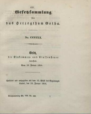 460. Gesetz, die Einkommen- und Classensteuer betreffend; vom 10. Januar 1854.