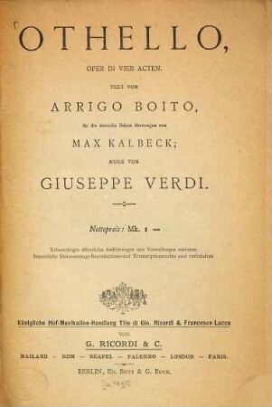 Othello : Oper in vier Acten
