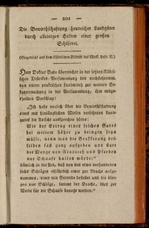 Die Bewirthschaftung heureicher Landgüter durch alleiniges Halten einer großen Schäferei