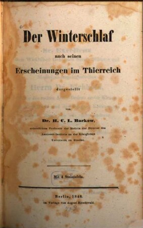 Der Winterschlaf nach seinen Erscheinungen im Thierreich dargestellt