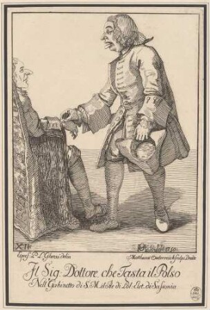 Il Signor Dottore che Tasta il Polso (Doktor Carlo Giuseppe Lanzi tastet dem Amtmann Albani den Puls), Bl. 12 der "Raccolta di XXIV Caricature", Dresden 1750