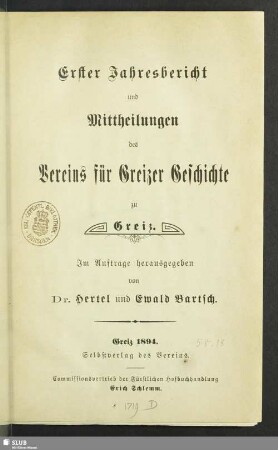 1.1894: Jahresbericht und Mitteilungen ... des Vereins für Greizer Geschichte zu Greiz