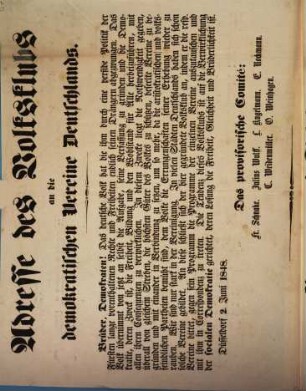 Adresse des Volksklubs an die demokratischen Vereine Deutschlands : Düsseldorf 2. Juni 1848