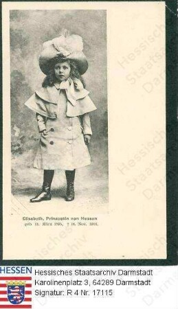 Elisabeth Prinzessin v. Hessen und bei Rhein (1895-1903) / Porträt mit Hut und Mantel, stehend, Ganzfigur