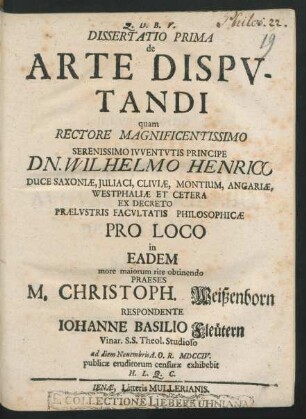 1: Dissertatio Prima de Arte Disputandi