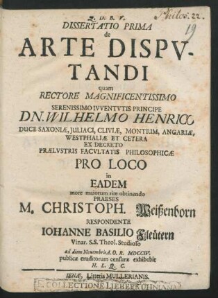 1: Dissertatio Prima de Arte Disputandi